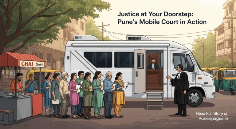 Illustration of Pune's mobile court van providing on-the-spot justice services with citizens lined up, representing fast and accessible justice.