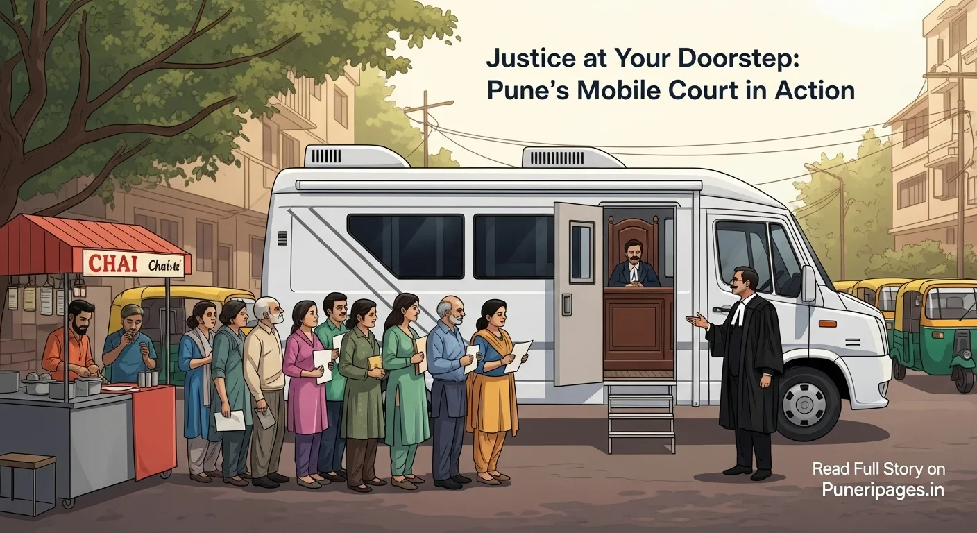 Illustration of Pune's mobile court van providing on-the-spot justice services with citizens lined up, representing fast and accessible justice.