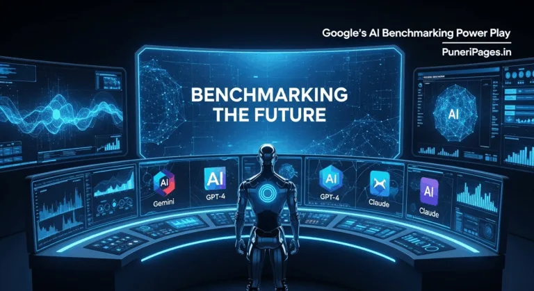 Illustration of a futuristic AI control room with an AI judge evaluating top AI models, featuring the headline "Google's AI Benchmarking Power Play" and site branding "PuneriPages.in
