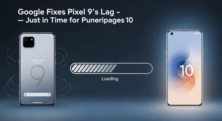 “Illustration showing Google Pixel 9 receiving a system update next to Pixel 10 concept, symbolizing bug fix and upcoming launch”