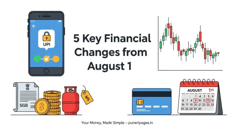 Illustration showing UPI payments, stock market, credit card billing, gold bonds, and LPG changes representing financial updates from August 2025