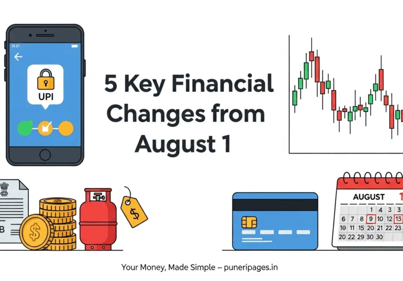 Illustration showing UPI payments, stock market, credit card billing, gold bonds, and LPG changes representing financial updates from August 2025