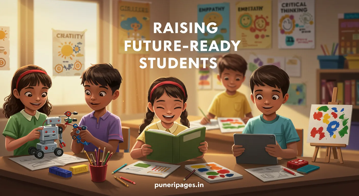 Diverse children engaged in creative and modern learning activities in a well-lit classroom, with text "Raising Future-Ready Students" and puneripages.in branding.