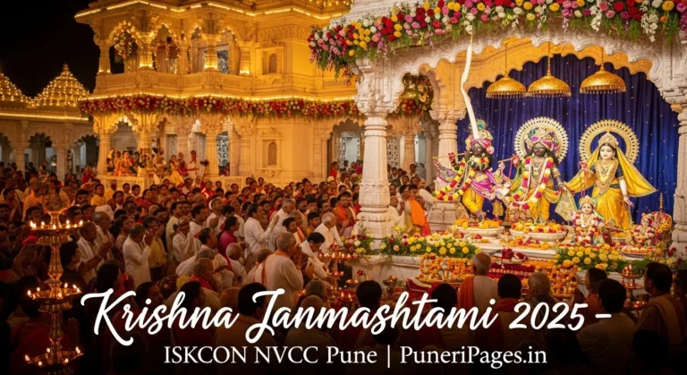 ISKCON NVCC Pune Krishna Janmashtami 2025 celebrations with Maha Abhishek, floral decorations, and thousands of devotees chanting Hare Krishna.