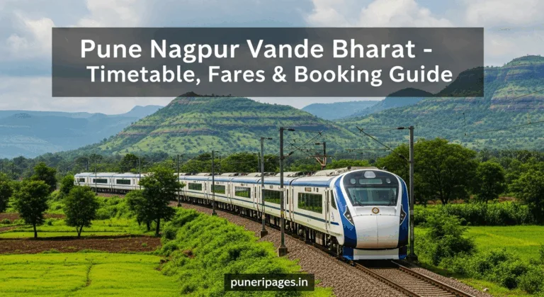 Pune Nagpur Vande Bharat Express train on tracks with scenic Maharashtra background