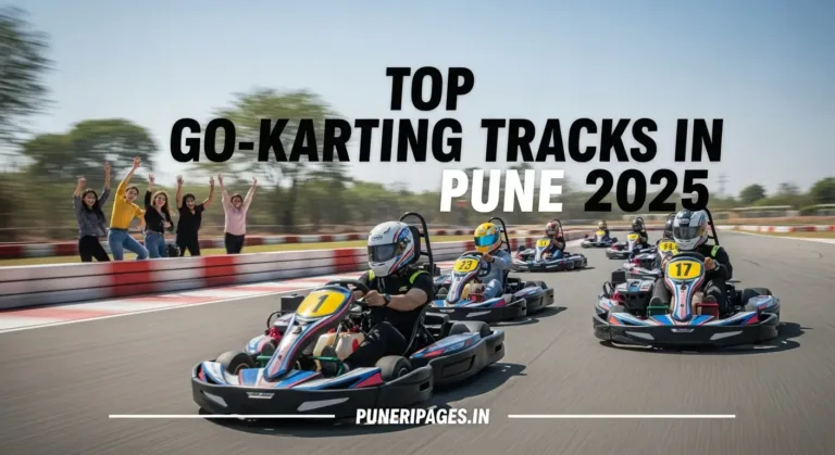 People racing go-karts on a professional track in Pune, representing the exciting go-karting experience. Featured text: 'Top Go-Karting Tracks in Pune 2025 | puneripages.in'