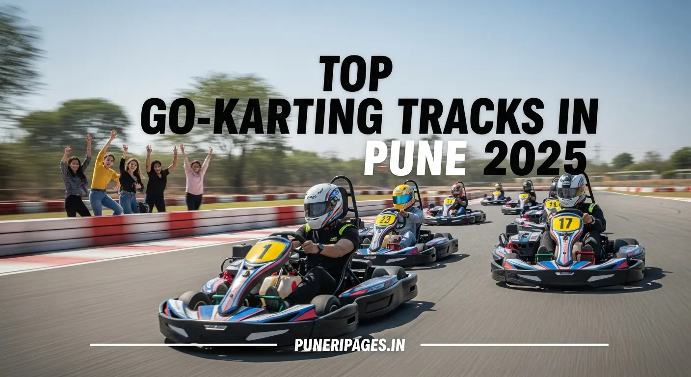 People racing go-karts on a professional track in Pune, representing the exciting go-karting experience. Featured text: 'Top Go-Karting Tracks in Pune 2025 | puneripages.in'