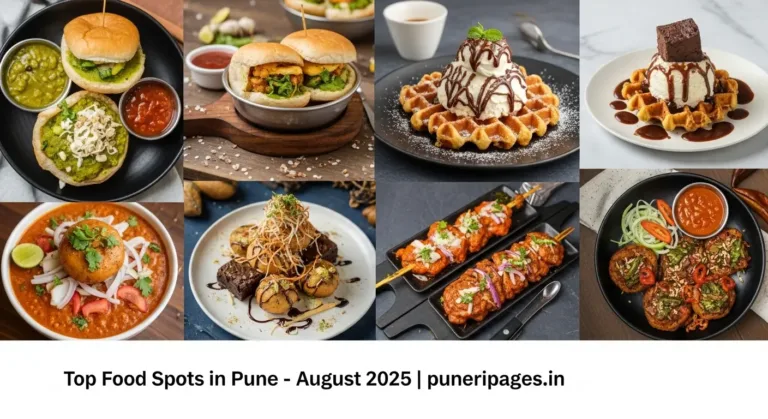 "A vibrant, high-energy collage of Pune’s top food spots, featuring a mix of street food like Misal Pav and Sabudana Vada, cafe desserts like Belgian waffles and brownies, and fine-dining dishes like Butter Chicken and Galouti Kebabs. Include a subtle overlay text that says: 'Top Food Spots in Pune – August 2025 | puneripages.in'. Bright, appetizing colors with a modern, eye-catching composition suitable for Google Discover. Focus on variety, richness, and inviting presentation."