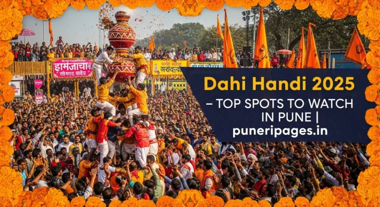 A human pyramid forming to break the dahi handi during Pune's vibrant Dahi Handi festival in 2025, with crowds cheering in the background.