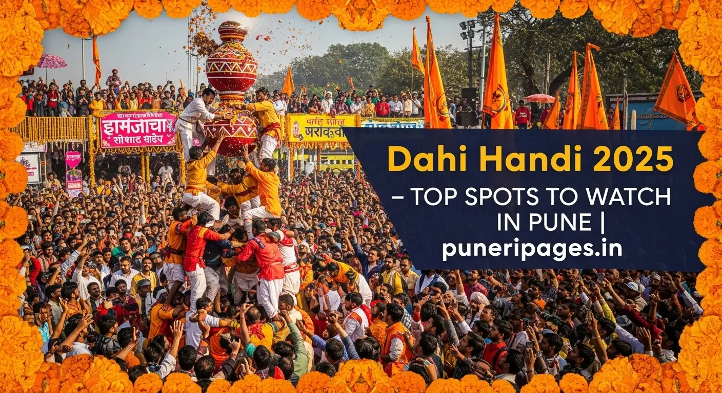 A human pyramid forming to break the dahi handi during Pune's vibrant Dahi Handi festival in 2025, with crowds cheering in the background.