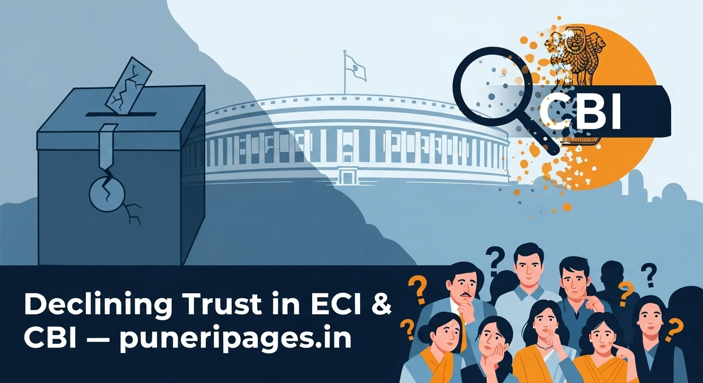 Illustration of declining trust in India’s Election Commission and CBI, showing cracked ballot box, fading CBI symbol, and citizens questioning democracy.
