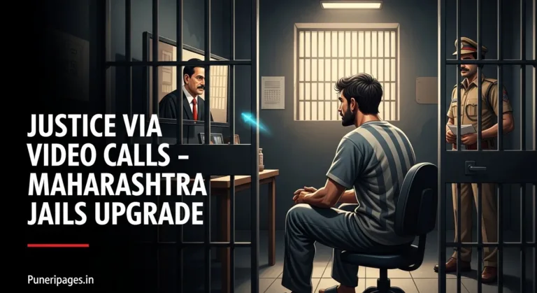 Prisoner attending court hearing through video conferencing inside Maharashtra jail, judge visible on screen, symbolizing faster justice system upgrade.