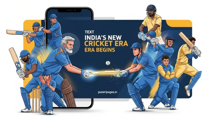 Illustration showing the next generation of Indian cricket players taking over from legends, symbolized by passing the cricket bat.