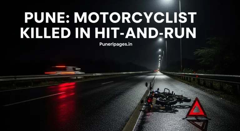 Cover image showing a dark highway with a fallen motorcycle and warning sign, representing Pune hit-and-run accident news on Puneripages.in