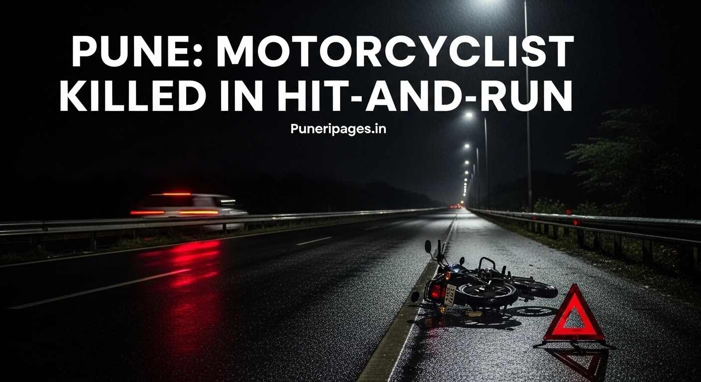 Cover image showing a dark highway with a fallen motorcycle and warning sign, representing Pune hit-and-run accident news on Puneripages.in