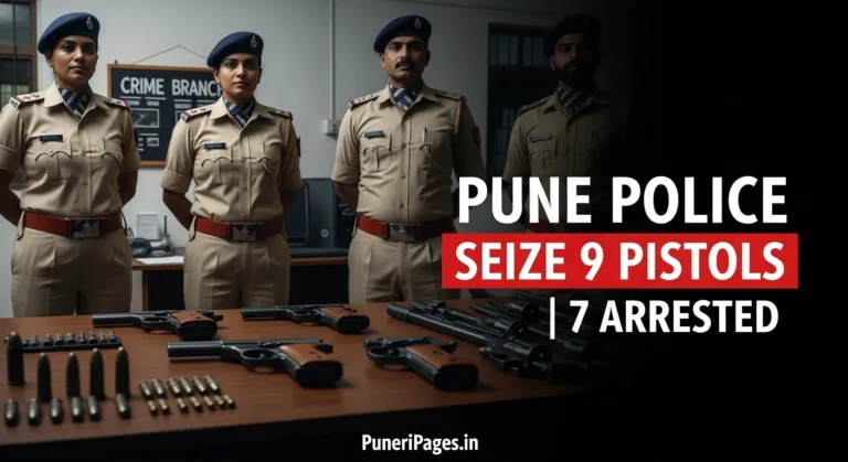 Pune Police arrest seven suspects and recover nine country-made pistols in a major crackdown against illegal arms in Pune city – Puneri Pages news cover.Pune Police arrest seven suspects and recover nine country-made pistols in a major crackdown against illegal arms in Pune city – Puneri Pages news cover.
