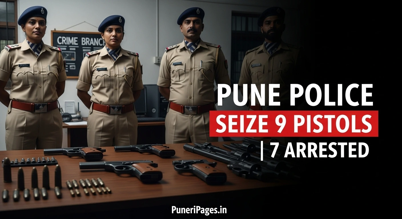 Pune Police arrest seven suspects and recover nine country-made pistols in a major crackdown against illegal arms in Pune city – Puneri Pages news cover.Pune Police arrest seven suspects and recover nine country-made pistols in a major crackdown against illegal arms in Pune city – Puneri Pages news cover.