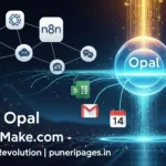 "A conceptual illustration of Google Opal as a futuristic AI tool pulling in apps like Gmail, Sheets, Calendar, and Google Drive, while n8n and Make.com logos float nearby, connected to multiple app icons. Include text overlay: 'Google Opal vs n8n & Make.com – Automation Revolution | puneripages.in'."