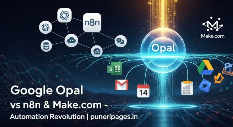 "A conceptual illustration of Google Opal as a futuristic AI tool pulling in apps like Gmail, Sheets, Calendar, and Google Drive, while n8n and Make.com logos float nearby, connected to multiple app icons. Include text overlay: 'Google Opal vs n8n & Make.com – Automation Revolution | puneripages.in'."
