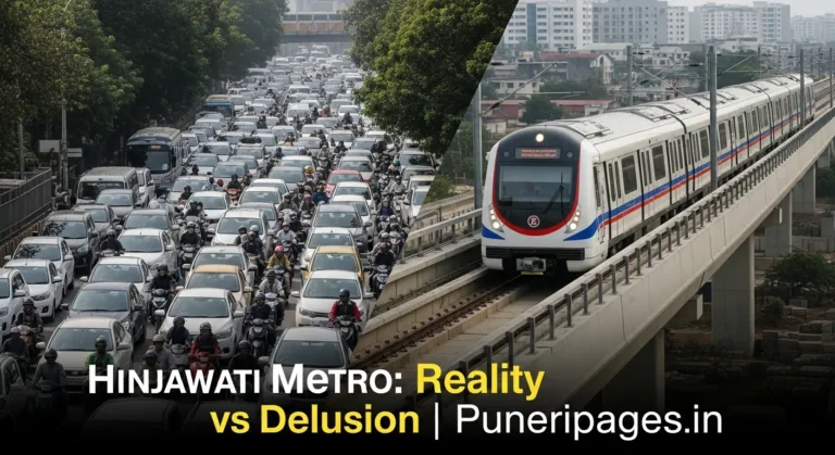 Split image showing Hinjawadi traffic congestion versus the new Pune Metro, highlighting potential solutions to Pune’s traffic problems.
