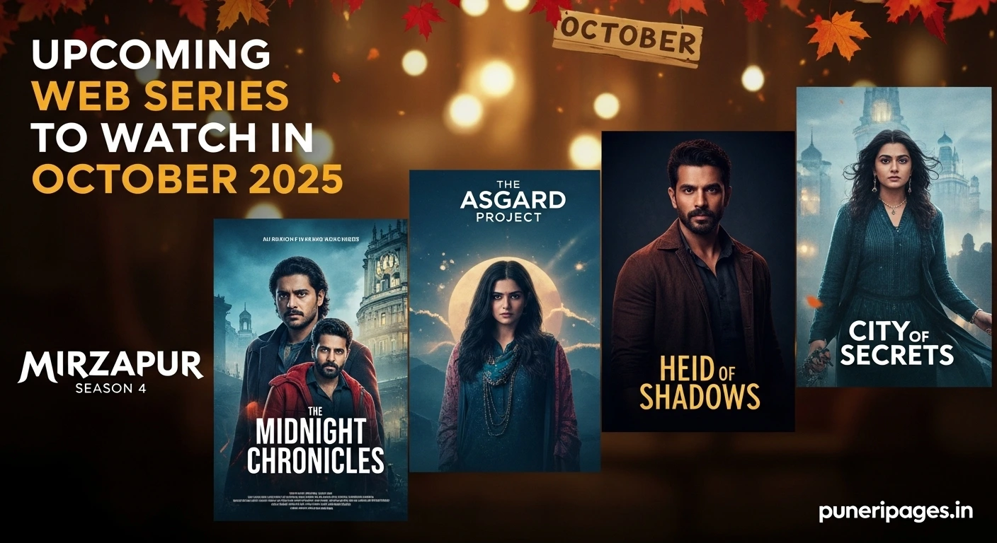 Collage of the most anticipated web series releasing in October 2025 including Mirzapur, The Asgard Project, Midnight Chronicles, Heir of Shadows, and City of Secrets – puneripages.in