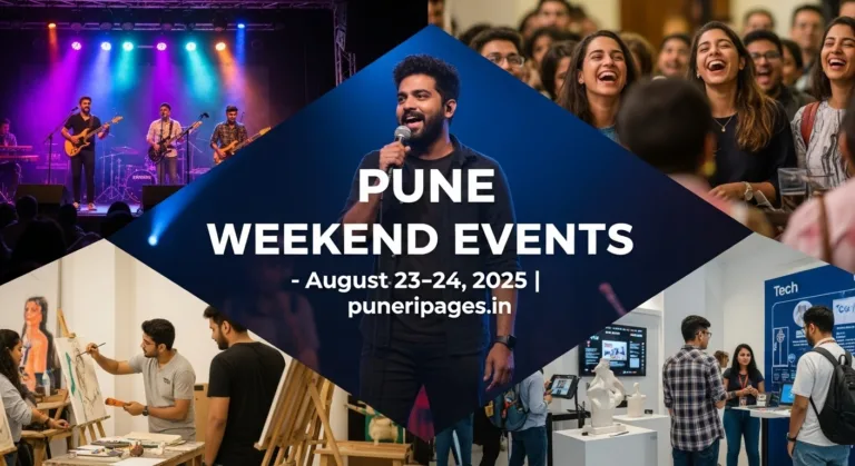 Collage of Pune weekend events including music concerts, comedy shows, art workshops, and tech conferences.