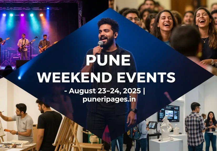 Collage of Pune weekend events including music concerts, comedy shows, art workshops, and tech conferences.