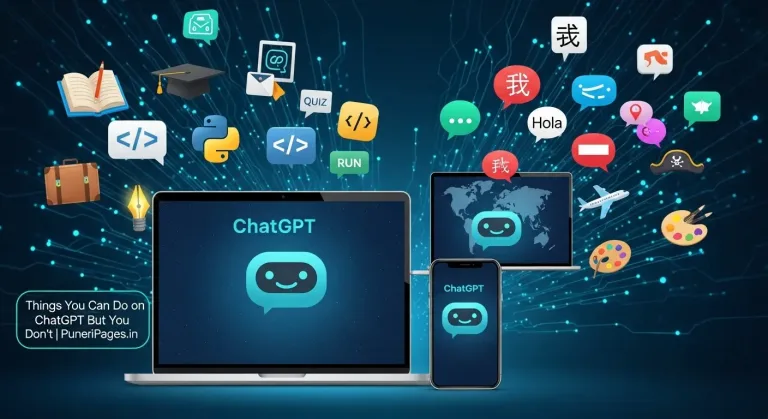 Illustration of ChatGPT as a smart assistant helping with learning, coding, language practice, travel planning, and creative writing, with text overlay promoting PuneriPages.in.