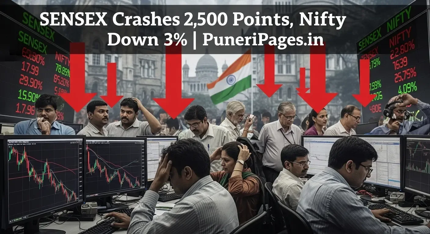Stock market crash in India with Sensex falling 2,500 points and Nifty plunging 3%, traders reacting to Donald Trump’s tariff and H-1B visa threats – PuneriPages.in