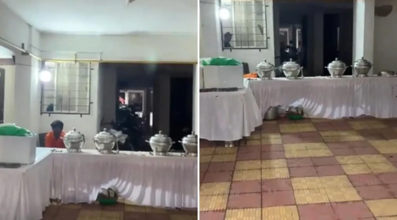 Birthday party setup in a Pune society basement parking lot with balloons, chairs, and decorations, highlighting parking space misuse – PuneriPages.in.