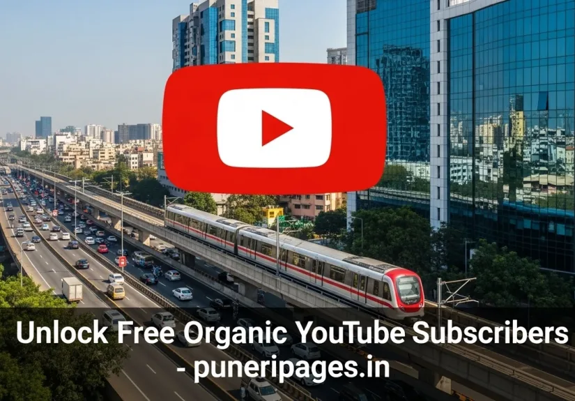 "Unlock Free Organic YouTube Subscribers with puneripages.in - featuring a vibrant YouTube button over a bustling Pune cityscape with traffic, metro, and IT hubs."