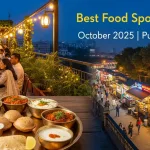 Festive October 2025 dining in Pune – rooftop dinner, Maharashtrian thali, and street food stalls with text “Best Food Spots in Pune – October 2025 | Puneripages.in”.