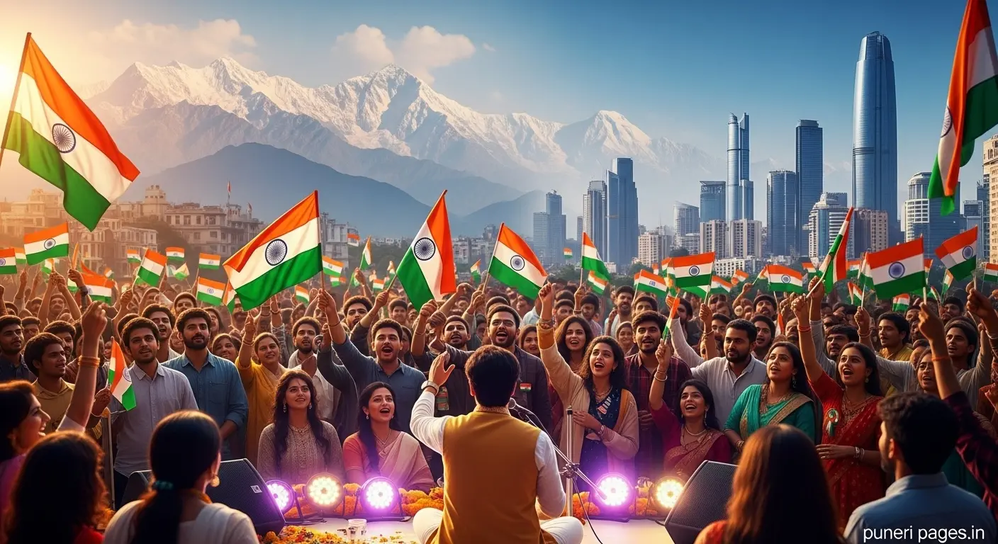 Patriotic #MyCountryFirst anthem launch with crowd waving tricolor flags