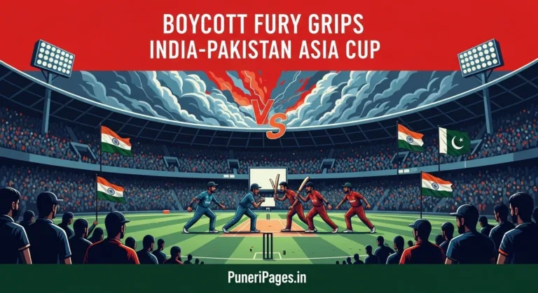 Illustration of India vs Pakistan cricket match with stormy sky and dramatic tension, showing boycott controversy. Text overlay: 'Boycott Fury Grips India-Pakistan Asia Cup' and PuneriPages.in.