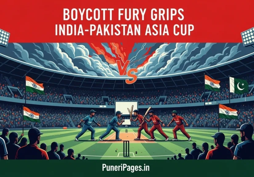 Illustration of India vs Pakistan cricket match with stormy sky and dramatic tension, showing boycott controversy. Text overlay: 'Boycott Fury Grips India-Pakistan Asia Cup' and PuneriPages.in.