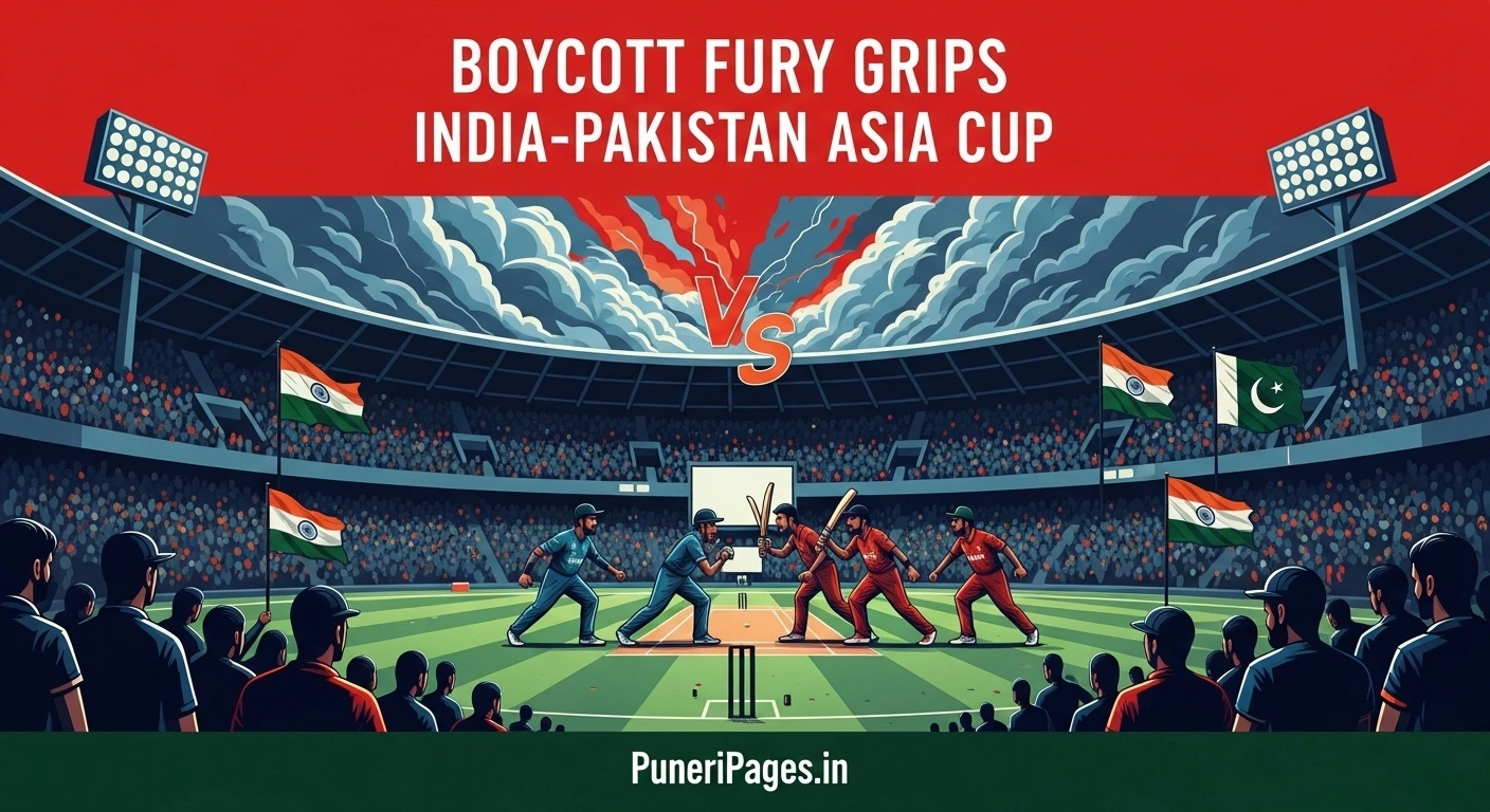 Illustration of India vs Pakistan cricket match with stormy sky and dramatic tension, showing boycott controversy. Text overlay: 'Boycott Fury Grips India-Pakistan Asia Cup' and PuneriPages.in.