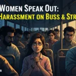 A young woman in a crowded PMPML bus in Pune, highlighting daily harassment issues faced by women commuters, with bold text “Pune Women Speak Out” and PuneriPages.in branding.