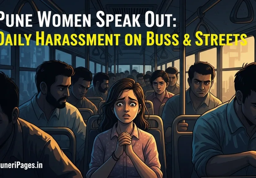 A young woman in a crowded PMPML bus in Pune, highlighting daily harassment issues faced by women commuters, with bold text “Pune Women Speak Out” and PuneriPages.in branding.