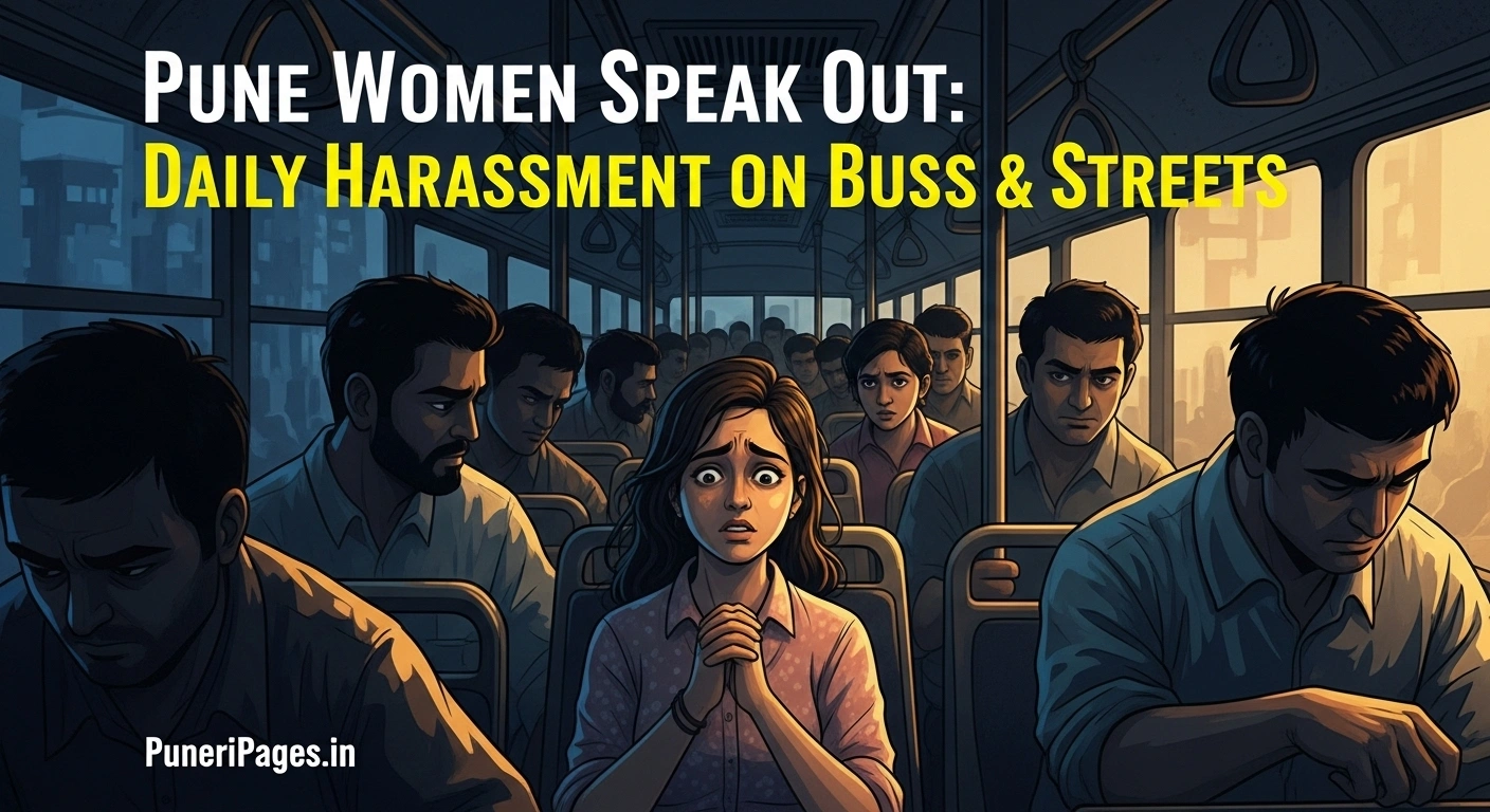 A young woman in a crowded PMPML bus in Pune, highlighting daily harassment issues faced by women commuters, with bold text “Pune Women Speak Out” and PuneriPages.in branding.