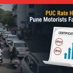 Traffic in Pune near a PUC checking centre with text overlay about PUC rate hike and strike warning — PuneriPages.in