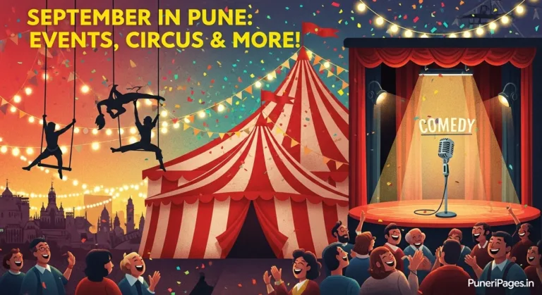 Cover image for PuneriPages.in article on September 2025 events in Pune – featuring circus acts, stand-up comedy by Bassi and Aakash Gupta, and Kukdukoo kids’ carnival.