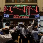 Indian stock market falling with red graph arrows showing Sensex and Nifty decline on PuneRiPages.in