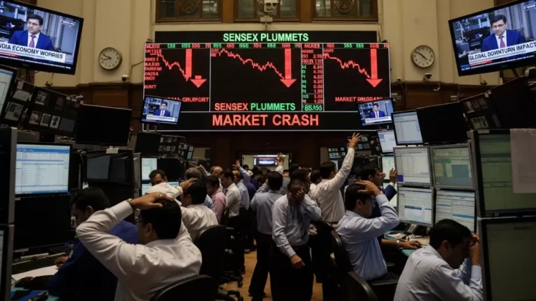 Indian stock market falling with red graph arrows showing Sensex and Nifty decline on PuneRiPages.in