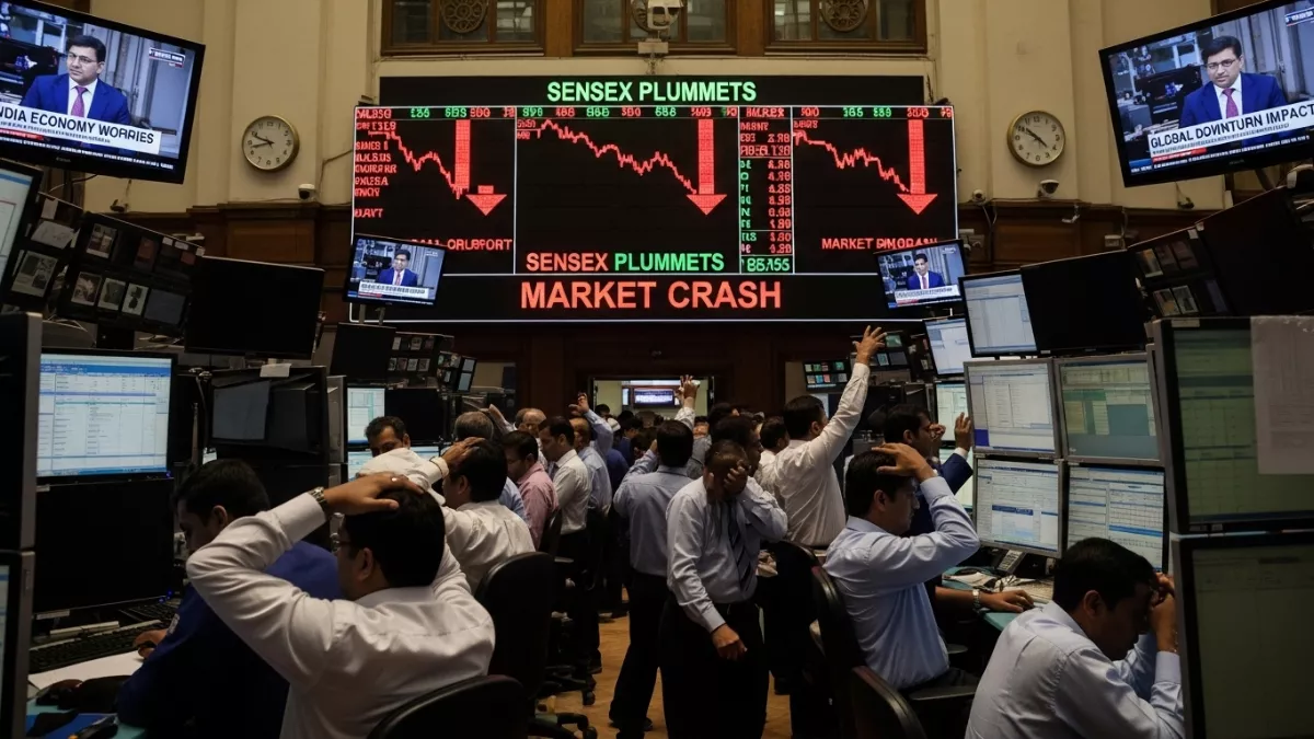 Indian stock market falling with red graph arrows showing Sensex and Nifty decline on PuneRiPages.in