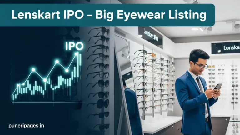 Lenskart IPO cover image showing eyewear store with investor and stock market growth chart — Puneripages.in