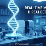 Scientists using real-time microbial threat detection technology displayed on futuristic digital screens, representing instant pathogen identification.
