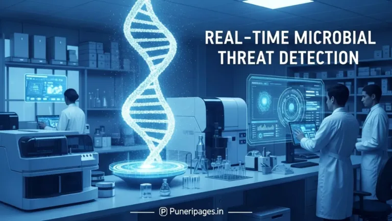 Scientists using real-time microbial threat detection technology displayed on futuristic digital screens, representing instant pathogen identification.