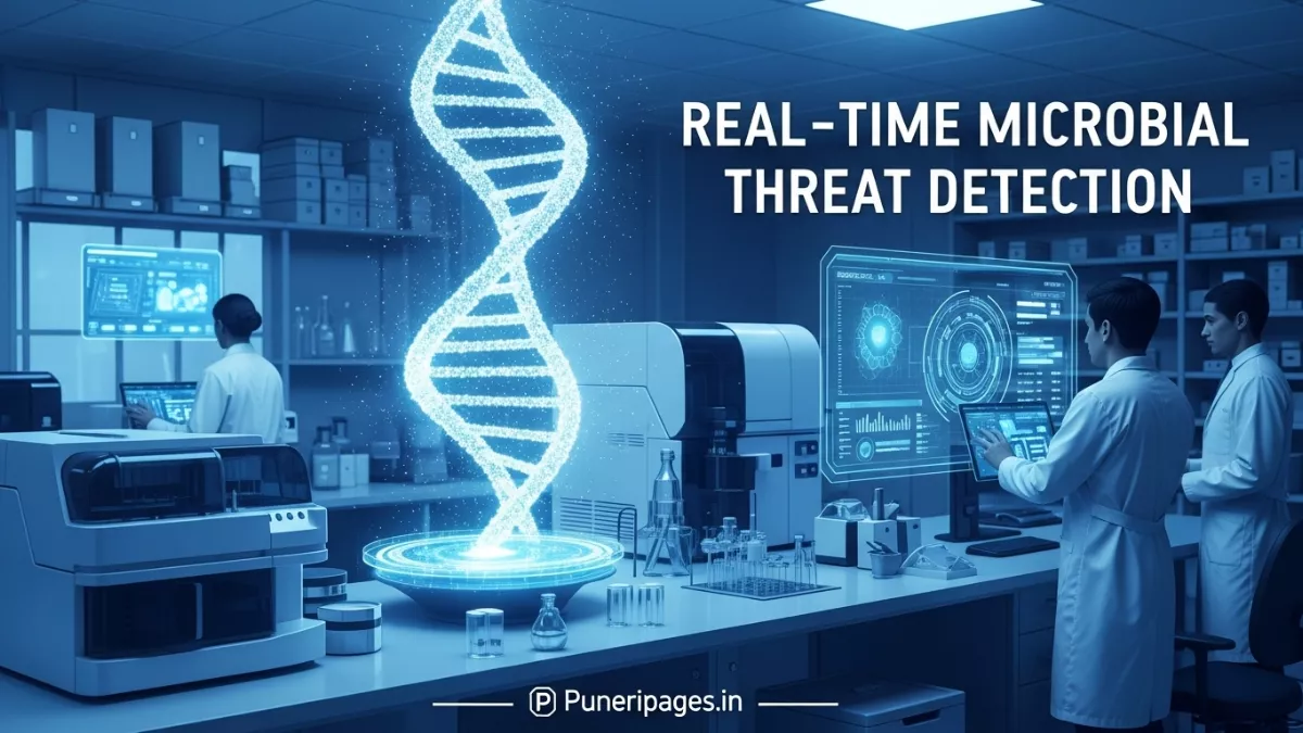 Scientists using real-time microbial threat detection technology displayed on futuristic digital screens, representing instant pathogen identification.