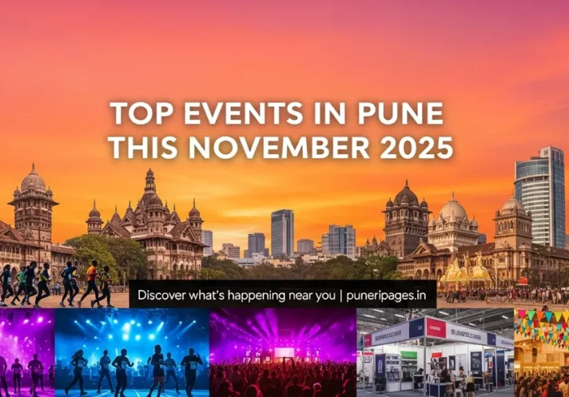 “Colorful collage of Pune landmarks and November 2025 events, including marathon runners, concerts and expos, with text ‘Top Events in Pune This November 2025 | puneripages.in’.”