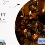 People enjoying a gourmet outdoor cinema experience in Pune inspired by Zindagi Na Milegi Dobara, blending film, food, and Spanish-inspired decor.